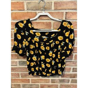 American Eagle Womens Sunflower Print Black Square Neck Top M